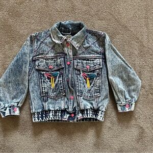 Vintage Kids Acid Wash Denim Jacket with Pink Accents